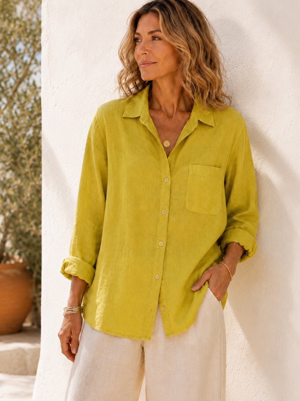 100% Linen Oversized Button Front Shirt Coastal Resort Citron Yellow